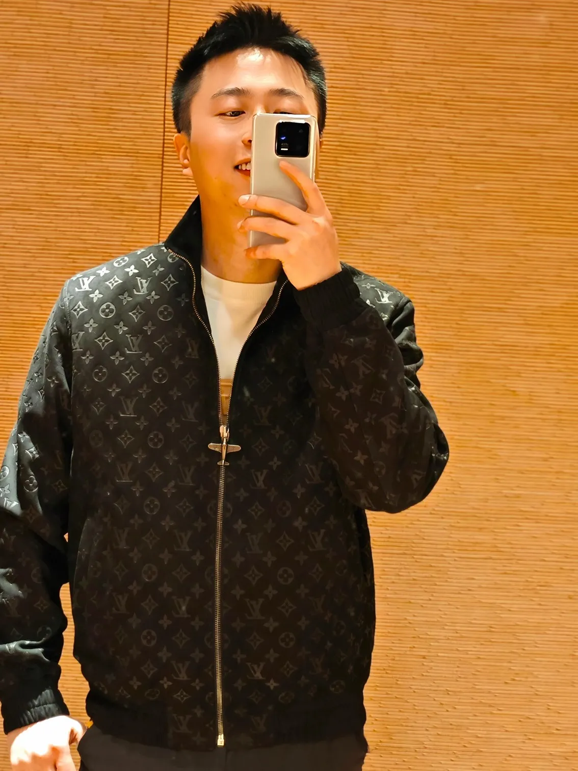 Louis Vuitton/Louis Vuitton aircraft button all-over printed embossed suede stand-collar jacket